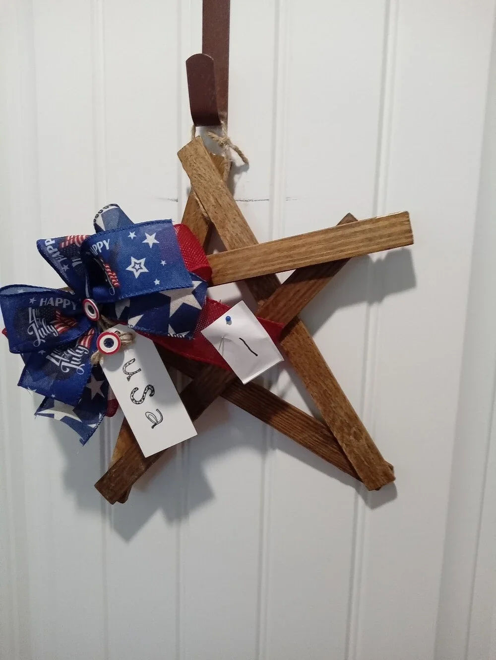Patriotic Wooden Star Wreath/Door Hanger with USA Ribbon